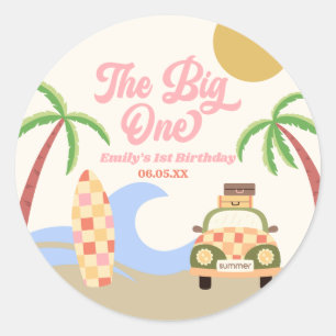 The Big One Beach Surf Pink 1. Geburtstagsfeier Runder Aufkleber