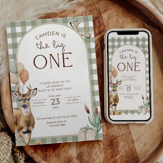 The Big One Deer Birthday Invitation Boys First  Einladung