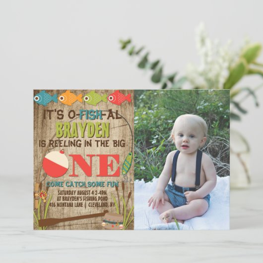 The Big One Fishing Theme Boys First Birthday Einladung (Stehend Vorderseite)