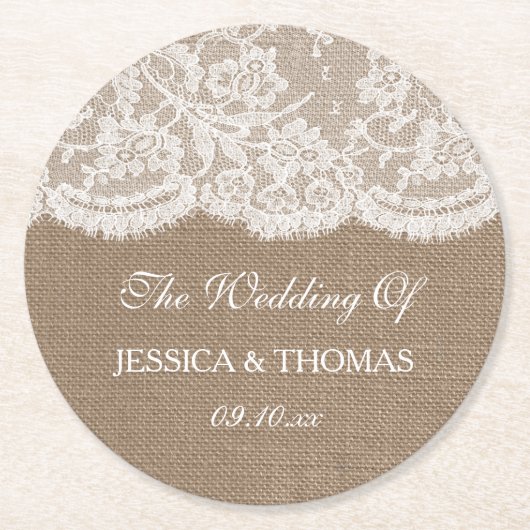 The Burlap & Lace Wedding Collection Runder Pappuntersetzer (Vorderseite)