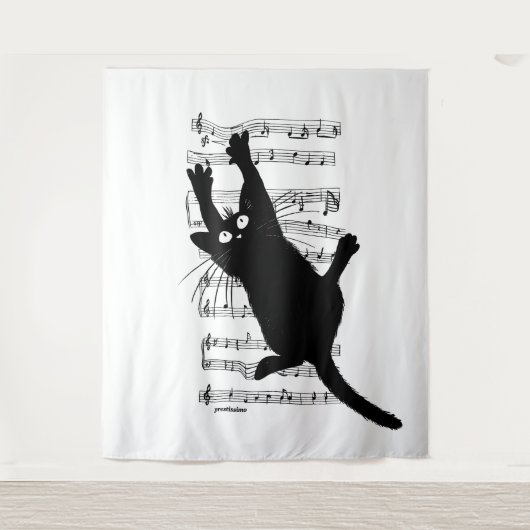 The cat hangs on musical notes wandteppich (Vorderseite)
