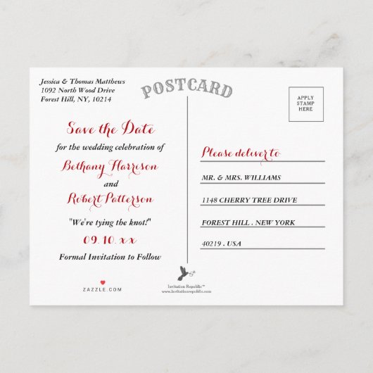 The Chic Modern Luxe Wedding Collection - Rote Ros Ankündigungspostkarte (Rückseite)