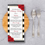 The Chic Modern Luxe Wedding Collection - Rote Ros Menükarte<br><div class="desc">Die schicke,  moderne Luxus-Hochzeitskollektion besticht durch einen klassischen schwarz-weißen Streifen-Hintergrund,  der durch hübsche rubinfarbene rote Rosen und ein vergoldetes Imitat-Folienrahmen betont wird. Diese Menükarten sind einfach zu personalisieren und sind das perfekte Zubehör für jede Hochzeit,  Brautparty,  Geburtstagsfeier,  Verlobung oder jeden anderen besondere Anlass.</div>