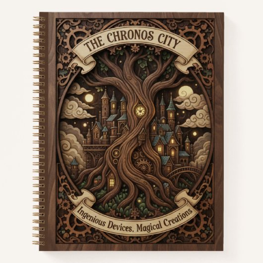The Chronos City Steampunk Tree Wood Carved Notizblock (Vorderseite)
