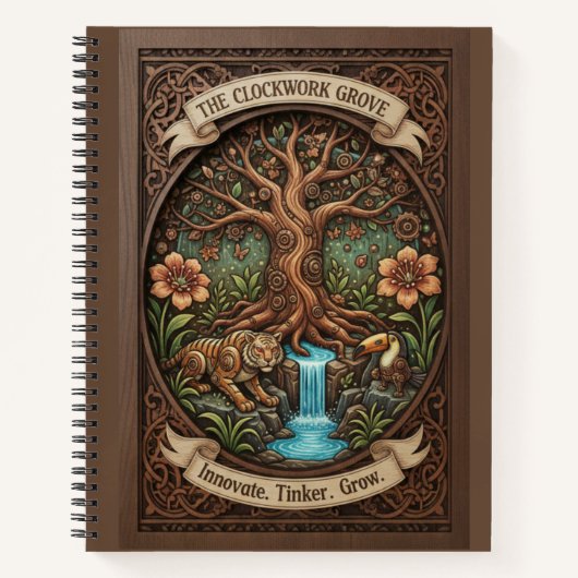 The Clockwork Grove Mechanical Nature Wood Journal Notizblock (Vorderseite)