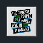 The Coolest People on Earth Live in Altamont Button<br><div class="desc">This design features bold, layered text with the phrase "The Coolest People on Earth Live in Altamont" in a striking cool color palette. A globe graphic, integrated with coordinating blue and green blocks, symbolizes the city's global appeal. The design is suitable for showcasing local pride, as it boldly declares Altamont's...</div>