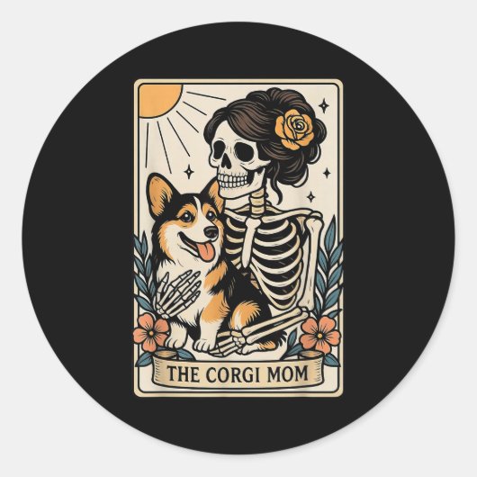 The Corgi Mom Tarot Card Skeleton Gothic Dog Runder Aufkleber (Vorderseite)