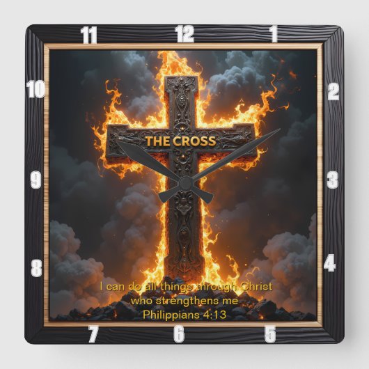 The Cross Victory Faith Philippians 4:13 Verse Quadratische Wanduhr (Vorderseite)