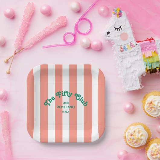The Fifty Club Pink Cabana Stripe 50th Birthday Pappteller (Party)