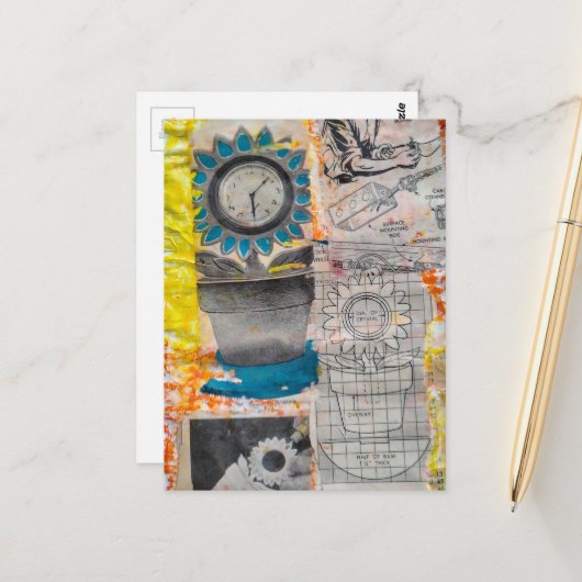The Flower Clock Plans Retro Mixed Media Collage Postkarte (Vorderseite/Rückseite Beispiel)