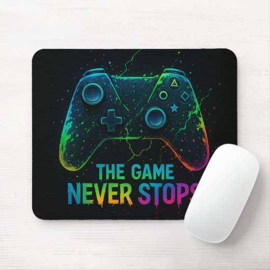 The Game Never Stops — Neon Gamer Controller Mousepad (Mit Mouse)