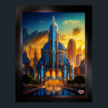 The Grand Art Deco Blue Plaza Pavillon von Xzendor Poster<br><div class="desc">Das Grand Art Deco Blue Plaza Pavillon AI Concept Art von Xzendor7, beleuchtet durch das goldene Licht der untergehenden Sonne, betont durch die herrliche architektonische Skyline aus Glas und Stahl.</div>