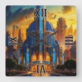 The Grand Art Deco Blue Plaza Pavillon von Xzendor Quadratische Wanduhr (Vorderseite)