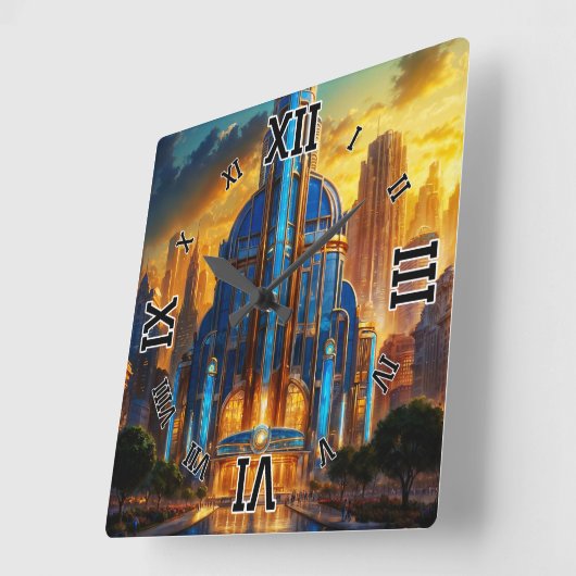 The Grand Art Deco Blue Plaza Pavillon von Xzendor Quadratische Wanduhr (Winkel)