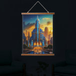 The Grand Art Deco Blue Plaza Pavillon von Xzendor Wandteppich Mit Holzrahmen<br><div class="desc">Das Grand Art Deco Blue Plaza Pavillon AI Concept Art von Xzendor7,  beleuchtet durch das goldene Licht der untergehenden Sonne,  betont durch die herrliche architektonische Skyline aus Glas und Stahl.</div>