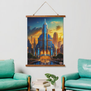 The Grand Art Deco Blue Plaza Pavillon von Xzendor Wandteppich Mit Holzrahmen