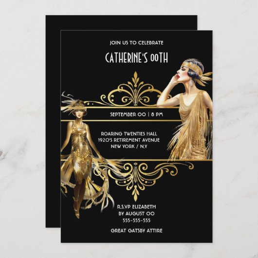 The Great Gatsby 1920's Black Gold Geburtstag Einladung (Vorne/Hinten)