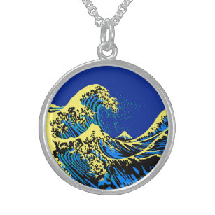 The Great Hokusai Wave in Blue Yellow Pop Style Sterling Silberkette