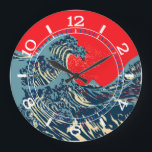 The Great Hokusai Wave in Pop Art Style Dial on a Große Wanduhr<br><div class="desc">Ein von der Großen Welle von Kanagawa inspiriertes,  von dem japanischen Künstler Hokusai gemaltes Design. Es wird in einem lebendigen blauen Pop-Kunststil dargestellt. Klingt gut,  eine tolle Uhr Gesicht Geschenk Idee. Meldung</div>