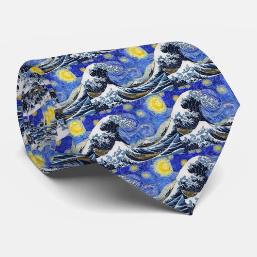 “ The Great Wave off Kanagawa ” + “ Starry night ” Krawatte (Gerollt)