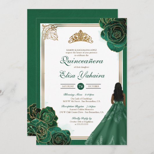 The Green White Gold Rose Royal Elegante Quinceane Einladung (Vorne/Hinten)