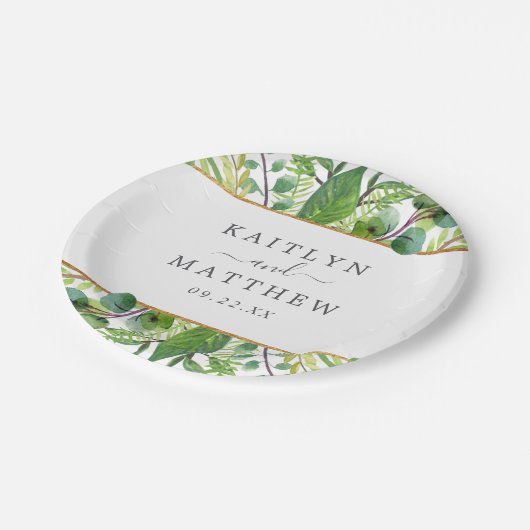 The Greenery & Gold Wedding Collection Pappteller (Schrägansicht)