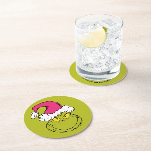 The Grinch in Pink Santa Hat Runder Pappuntersetzer (Vor Ort)