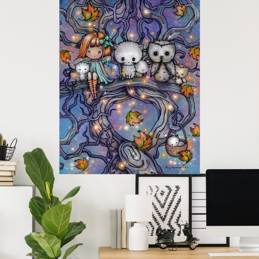 The Herbst Tree - Cats Owls Fairy Art Poster (Heimbüro)