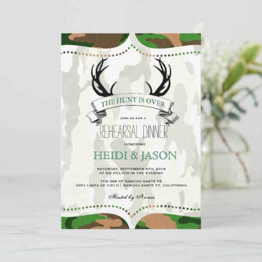 "The Hunt is Over" Rustikale Camouflage Probe Dinn Einladung (Stehend Vorderseite)