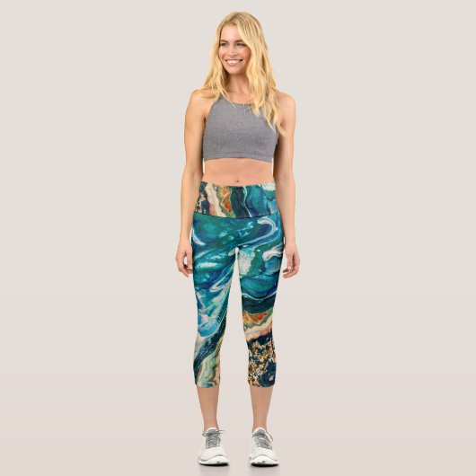 The Ice and The Fish abstract blue teal gold white Capri Leggings (Vorderseite)