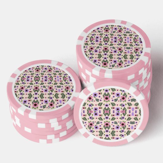 The image shows poker chips with a floral pattern (Stapel)