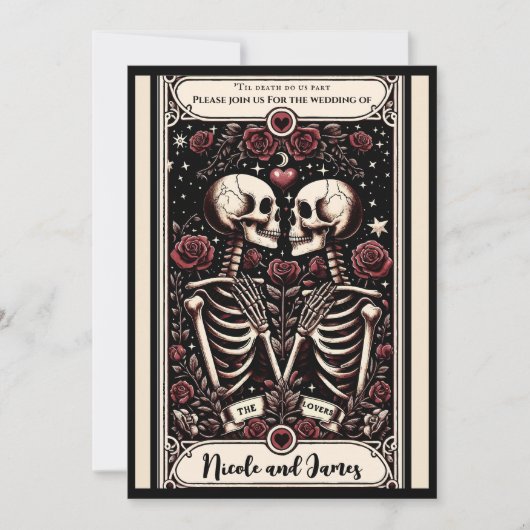 THE LOVERS Tarot Skeleton Liebe Rote Rosen Hochzei Einladung (Vorderseite)
