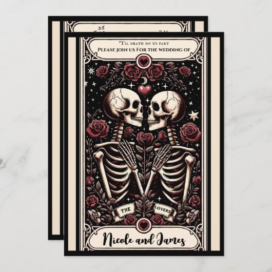THE LOVERS Tarot Skeleton Liebe Rote Rosen Hochzei Einladung (Vorne/Hinten)