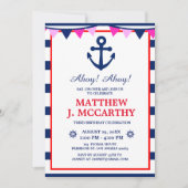 The Nautical Anchor Navy Stripe Baby Ship Geburtst Einladung (Vorderseite)
