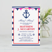 The Nautical Anchor Navy Stripe Baby Ship Geburtst Einladung (Stehend Vorderseite)