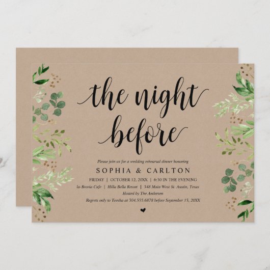 The Night Before, Greenery Kraft, Rehearsal Dinner Einladung (Vorne/Hinten)