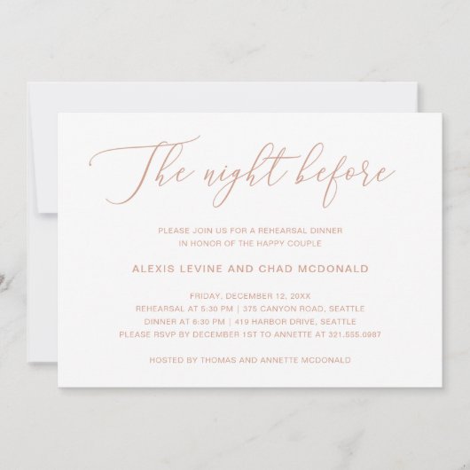 The Night Before Rose Gold Modernes Probe Dinner Einladung (Vorderseite)