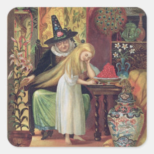 The Old Witch combing Gerda's hair with a golden c Quadratischer Aufkleber