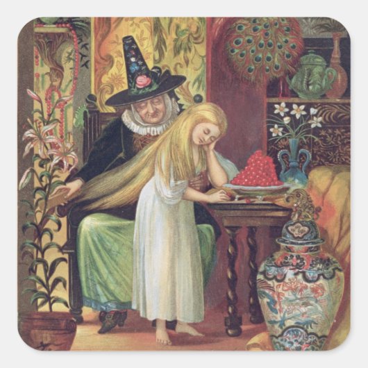 The Old Witch combing Gerda's hair with a golden c Quadratischer Aufkleber (Vorderseite)