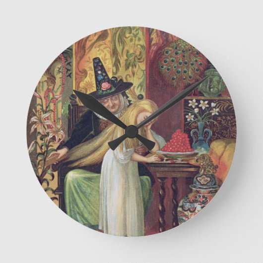 The Old Witch combing Gerda's hair with a golden c Runde Wanduhr (Vorderseite)