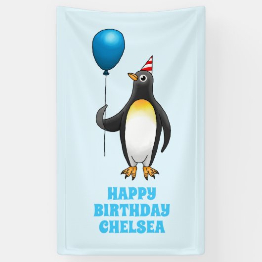 The penguin with the blue balloon banner (Vertikal)