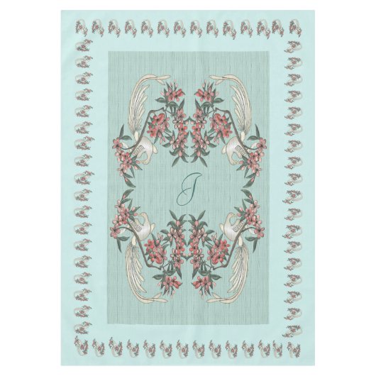The Romance of Silk w/ Monogram 60" x 84" Aqua Tischdecke (Vorderseite)