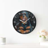 The Rottweiler is lying on the floor large clock Große Wanduhr (Zuhause)