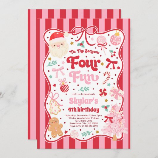 The Season Four Fun Christmas Bow 4th Birthday Einladung (Vorne/Hinten)