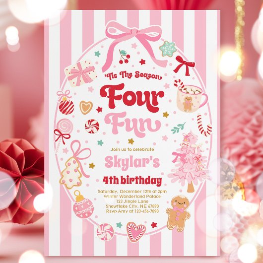The Season Four Fun Christmas Bow 4th Birthday Einladung
