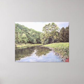 The Serene Waterway: Realistic River Landscape Oil Leinwanddruck