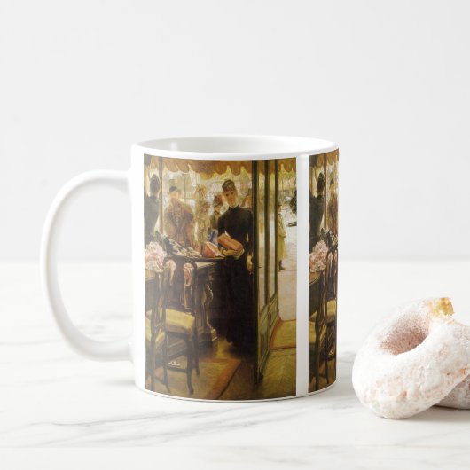 The Shop Girl von James Tissot, Viktorianische Kun Kaffeetasse (Mit Donut)