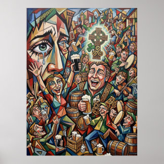 The Soul of Ireland: Cubist Pub & Celtic Cross Art Poster