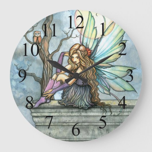 The Thinker Fairy and Owl Fantasy Art Clock Große Wanduhr (Vorderseite)