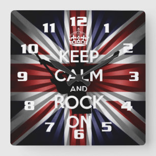 The union Jack and Keep calm and Rock On Quadratische Wanduhr